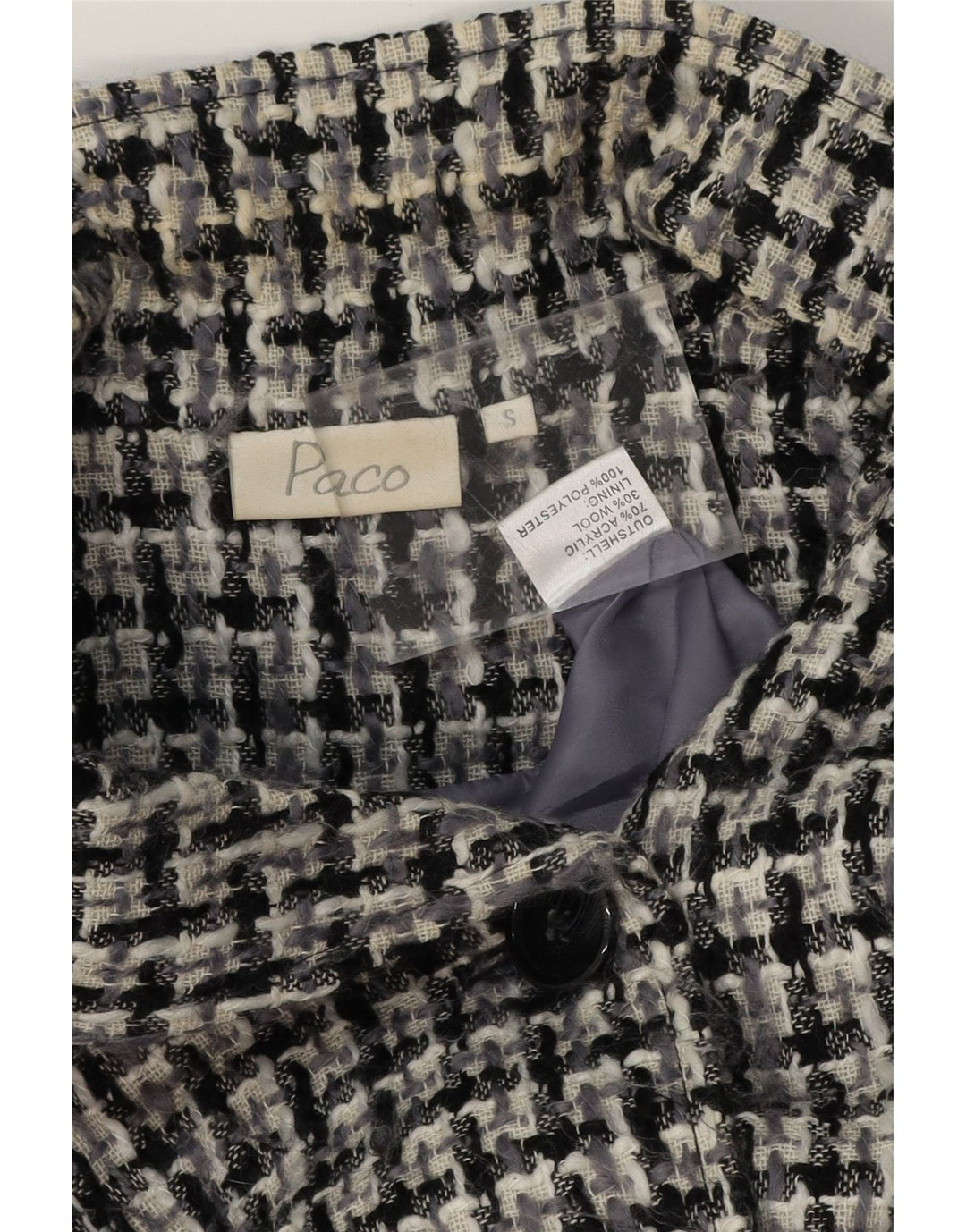 PACO Womens 3 Button Blazer Jacket UK 10 Small Black Check Acrylic Vintage Paco and Second-Hand Paco from Messina Hembry 