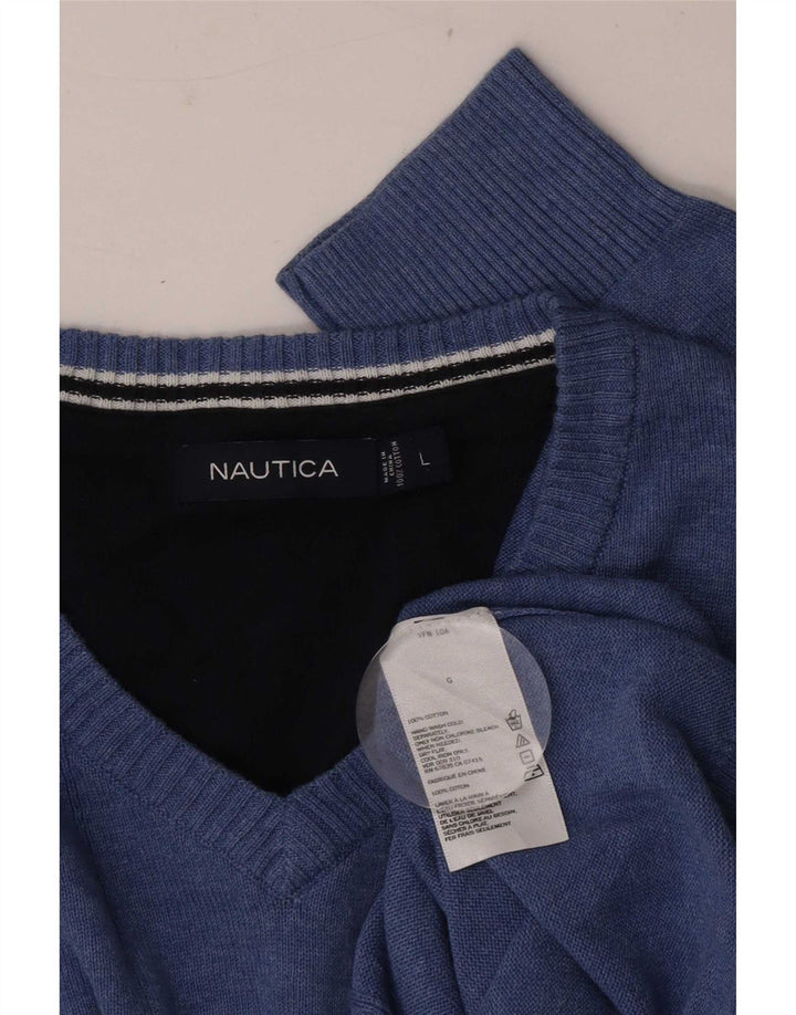 Nautica Mens V-Neck Jumper Sweater Large Blue Cotton