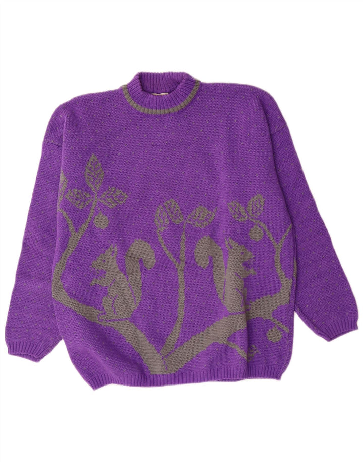 ALTA MODA Womens Graphic Crew Neck Jumper Sweater UK 16 Large Purple Wool