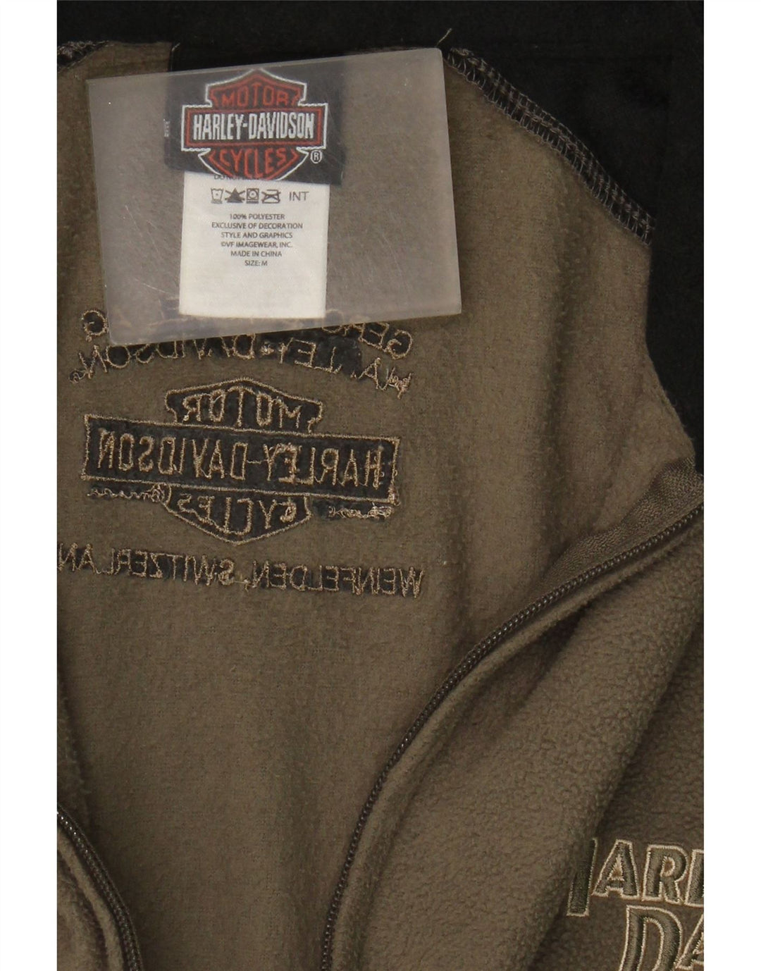 Harley Davidson Mens Fleece Jacket UK 38 Medium Khaki Colourblock Polyester