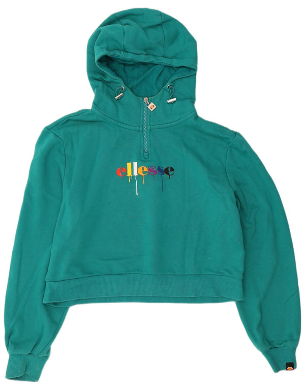Ellesse Womens Graphic Crop Hoodie Jumper UK 12 Medium Turquoise Cotton