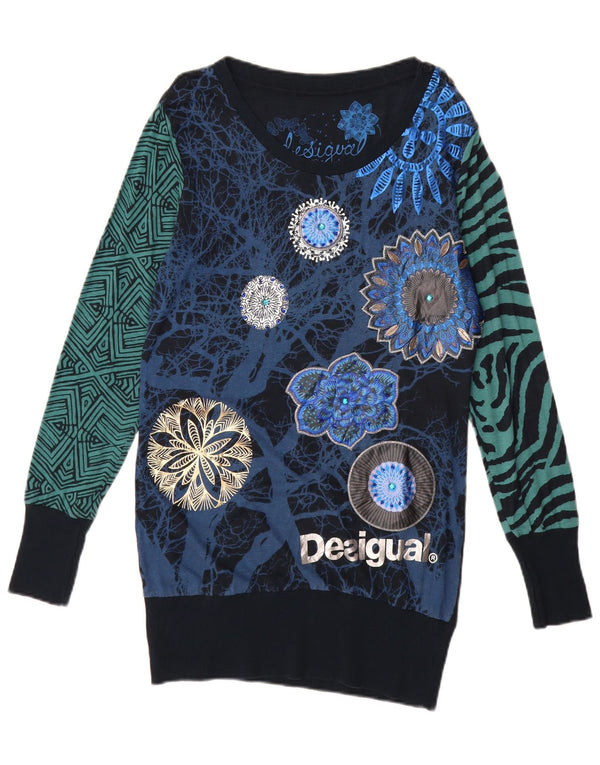 Desigual Womens Graphic Jumper Dress UK 12 Medium Navy Blue Floral