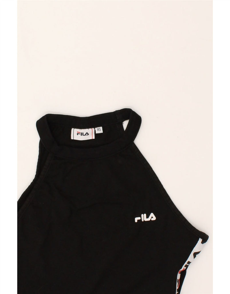 FILA Womens Graphic Crop Top UK 4 XS Black Colourblock Cotton | Vintage Fila | Thrift | Second-Hand Fila | Used Clothing | Messina Hembry 