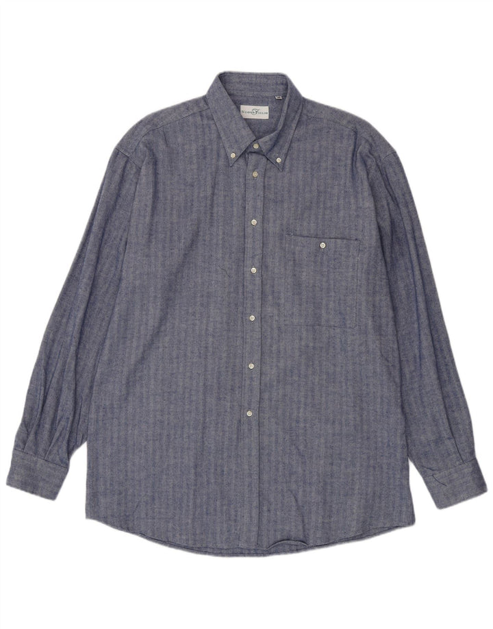 Vintage Mens Shirt Size 45 18 2XL Navy Blue Herringbone Cotton