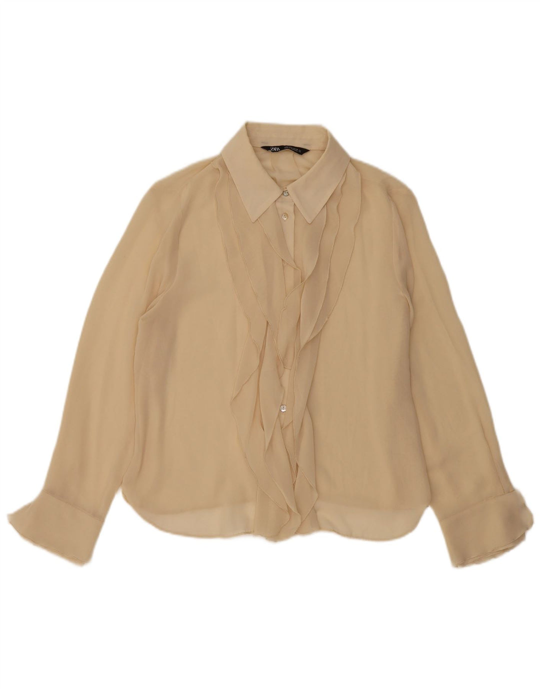 ZARA Womens Ruffle Front Shirt Blouse UK 14 Large Beige Polyester