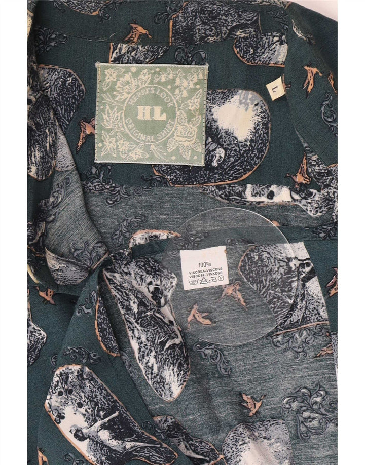 Vintage Mens Abstract Pattern Shirt Large Green Viscose