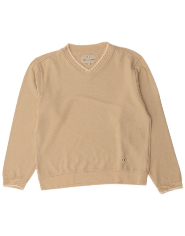 Champion Mens V-Neck Jumper Sweater Small Beige Cotton