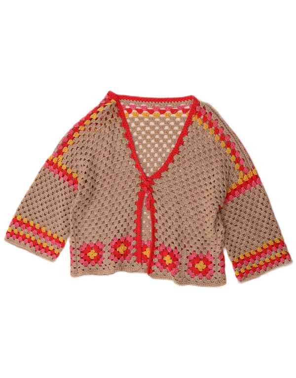 Vintage Womens 3/4 Sleeve Crochet Cardigan Sweater UK 16 Large Grey Floral