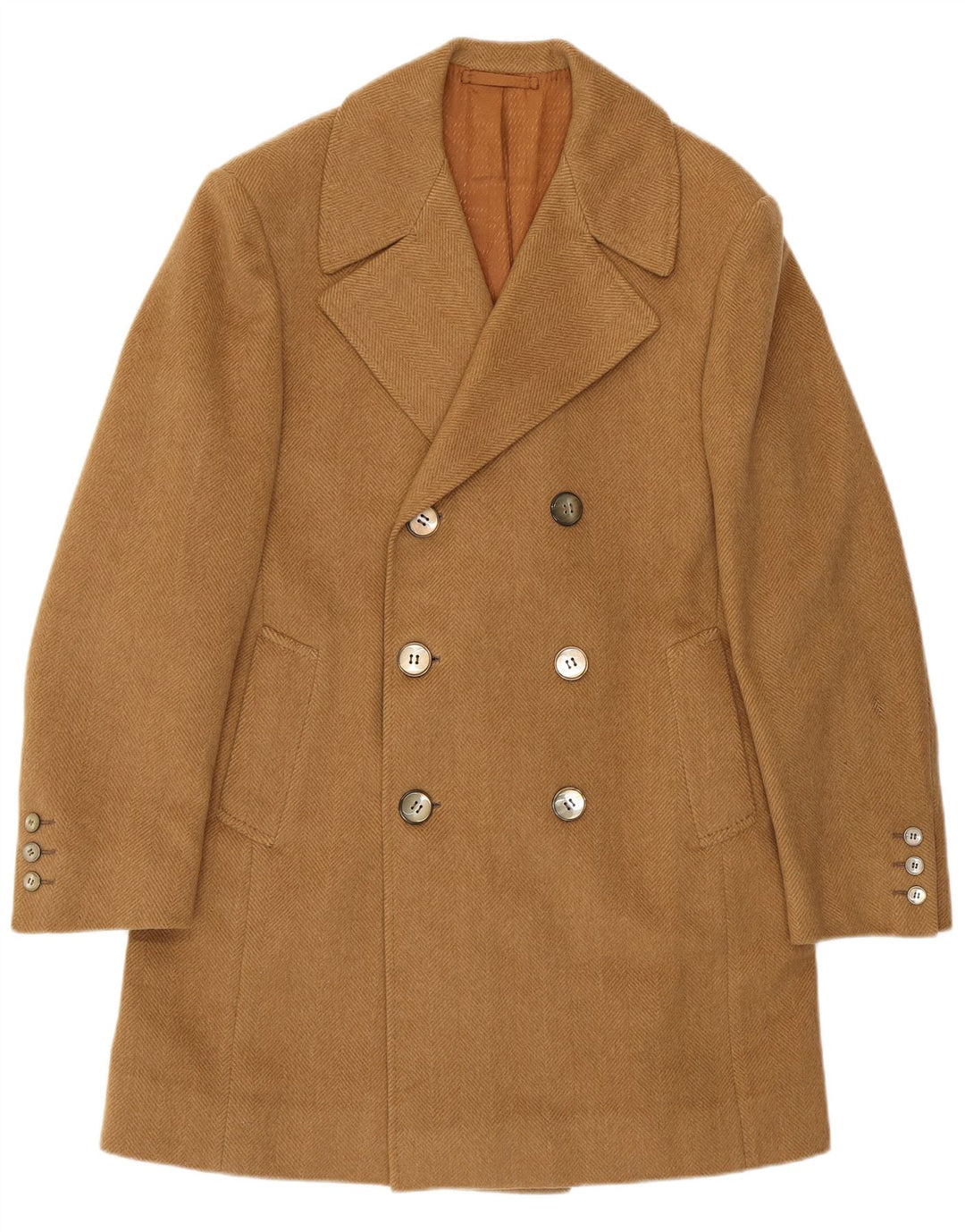 Vintage Mens Double Breasted Coat UK 34 XS Beige Herringbone