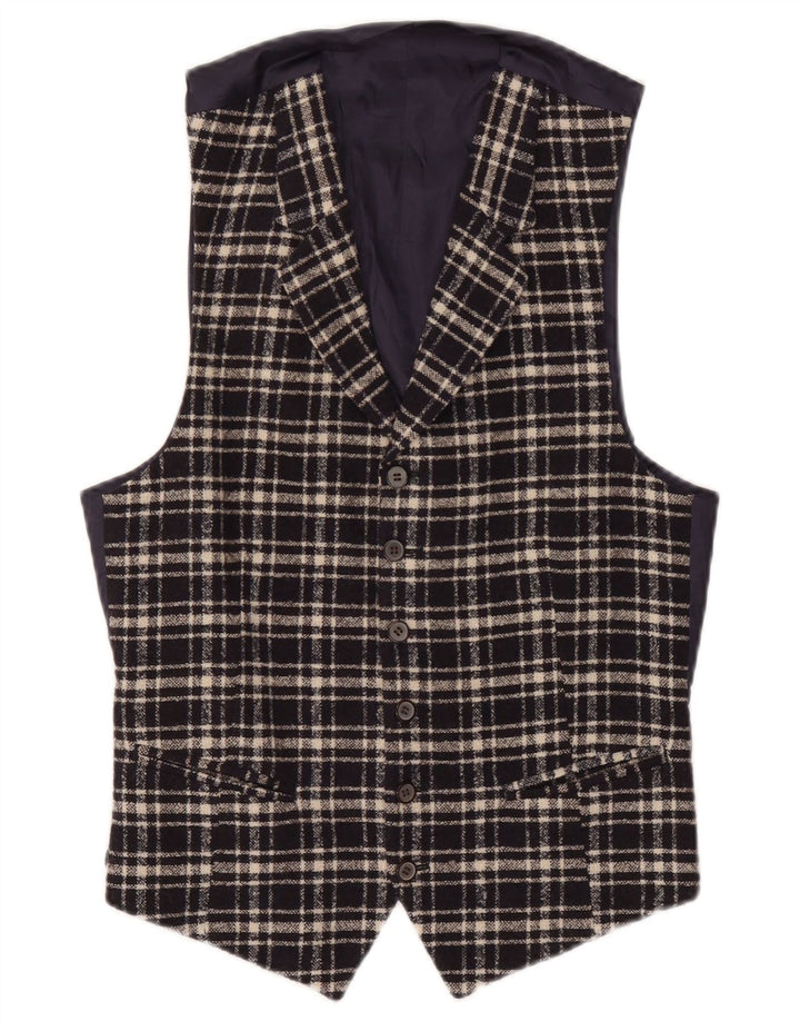 Vintage Mens Waistcoat Small Navy Blue Check Wool
