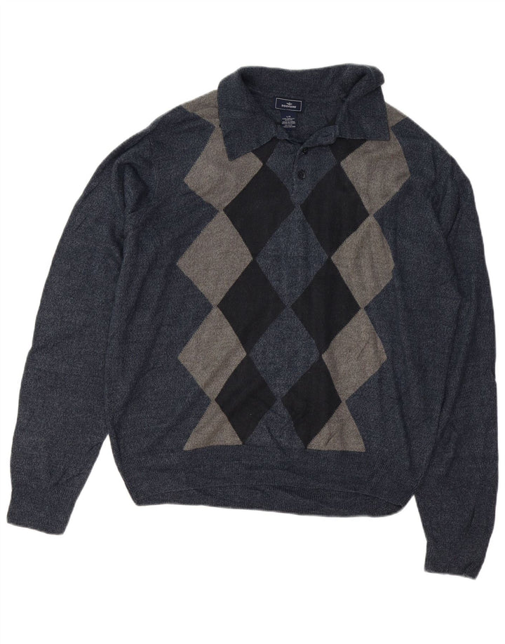 DOCKERS Mens Polo Neck Jumper Sweater Large Navy Blue Argyle/Diamond