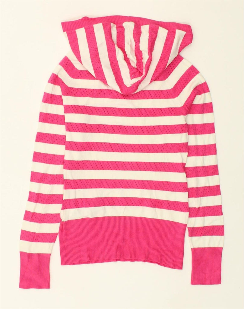 PUMA Womens Hooded V-Neck Jumper Sweater UK 12 Medium Pink Striped Viscose | Vintage Puma | Thrift | Second-Hand Puma | Used Clothing | Messina Hembry 