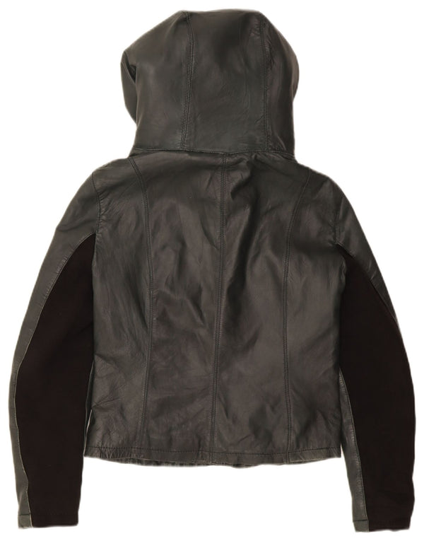 XETRA Womens Crop Hooded Leather Jacket UK 12 Medium Black
