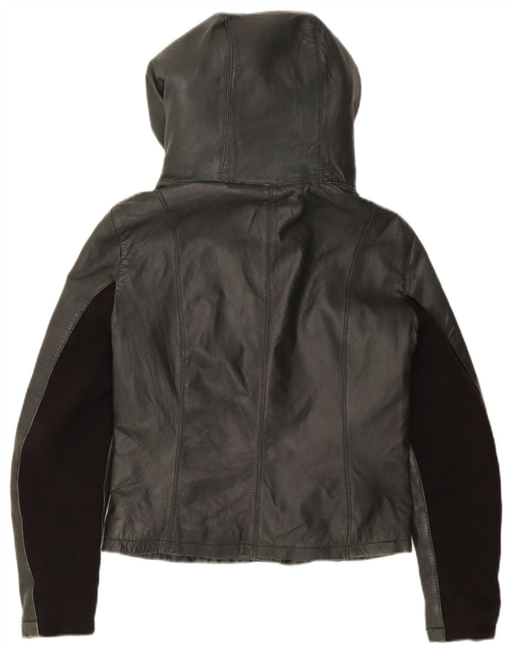 XETRA Womens Crop Hooded Leather Jacket UK 12 Medium Black