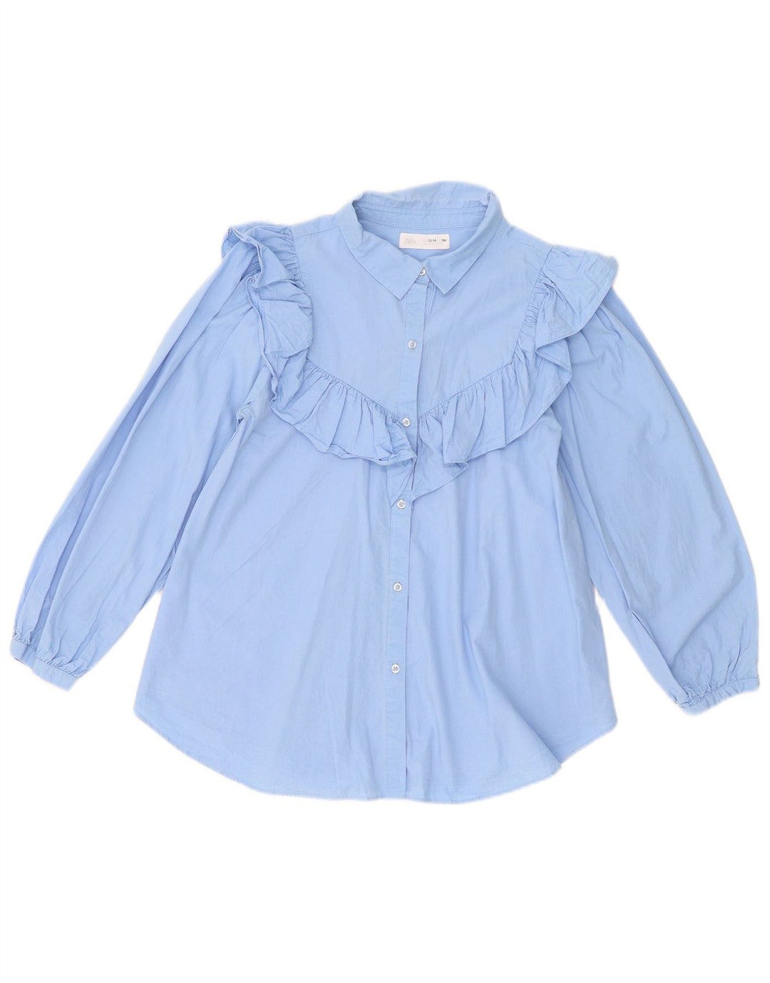 Zara Girls Ruffle Front Shirt Blouse 13-14 Years Blue