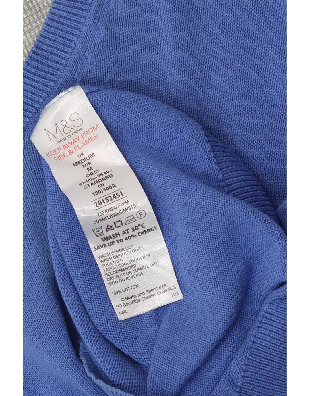 Marks & Spencer Mens V-Neck Jumper Sweater Medium Blue Cotton