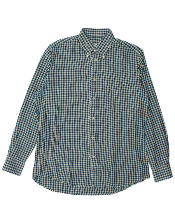 Vintage Mens Flannel Shirt Size 40 Medium Navy Blue Gingham Cotton