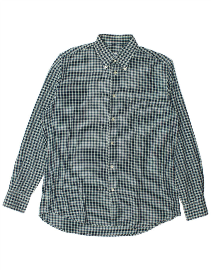 Vintage Mens Flannel Shirt Size 40 Medium Navy Blue Gingham Cotton
