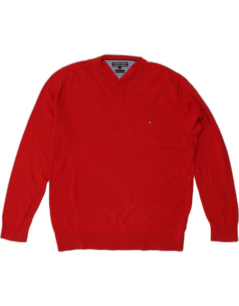 TOMMY HILFIGER Mens V-Neck Jumper Sweater XL Red Cotton | Vintage Tommy Hilfiger | Thrift | Second-Hand Tommy Hilfiger | Used Clothing | Messina Hembry 