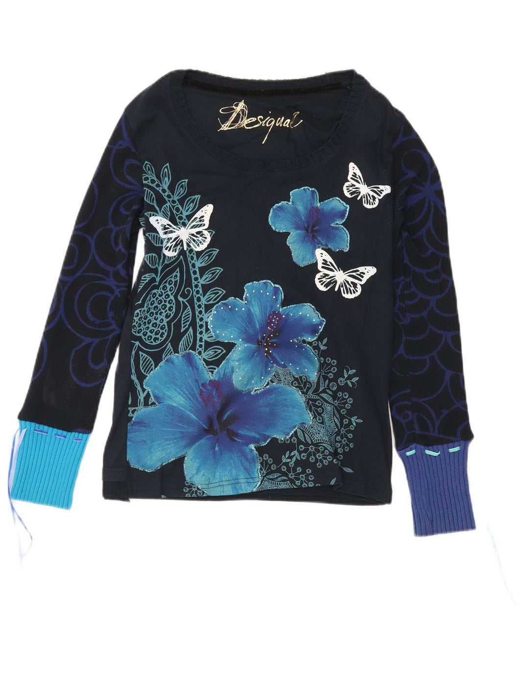 Desigual Womens Graphic Top Long Sleeve UK 12 Medium Navy Blue Butterfly
