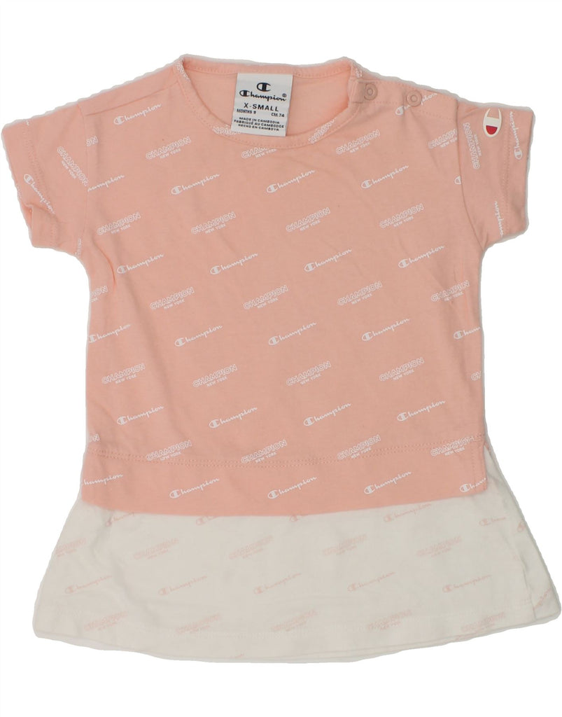 CHAMPION Baby Girls Graphic T-Shirt Dress 6-9 Months XS  Pink Colourblock | Vintage Champion | Thrift | Second-Hand Champion | Used Clothing | Messina Hembry 