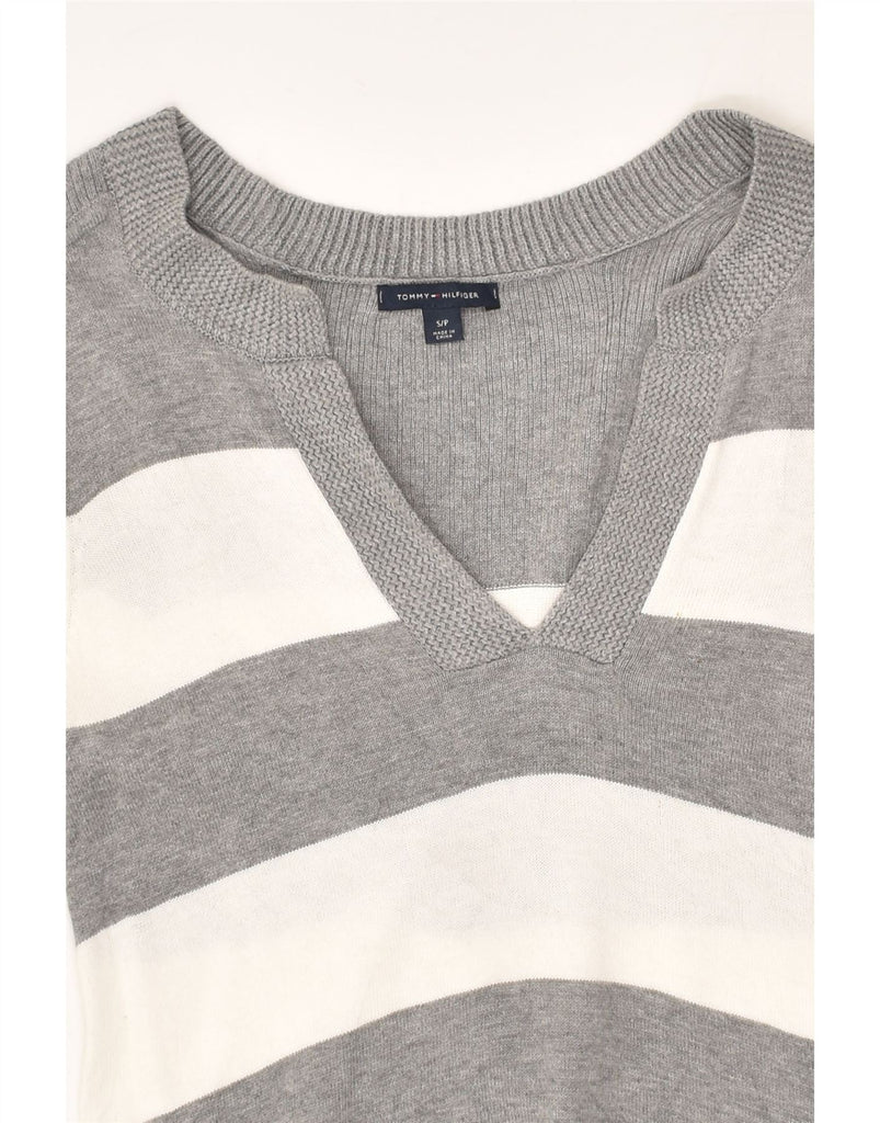 TOMMY HILFIGER Womens V-Neck Jumper Sweater UK 8 Small Grey Striped Cotton | Vintage Tommy Hilfiger | Thrift | Second-Hand Tommy Hilfiger | Used Clothing | Messina Hembry 