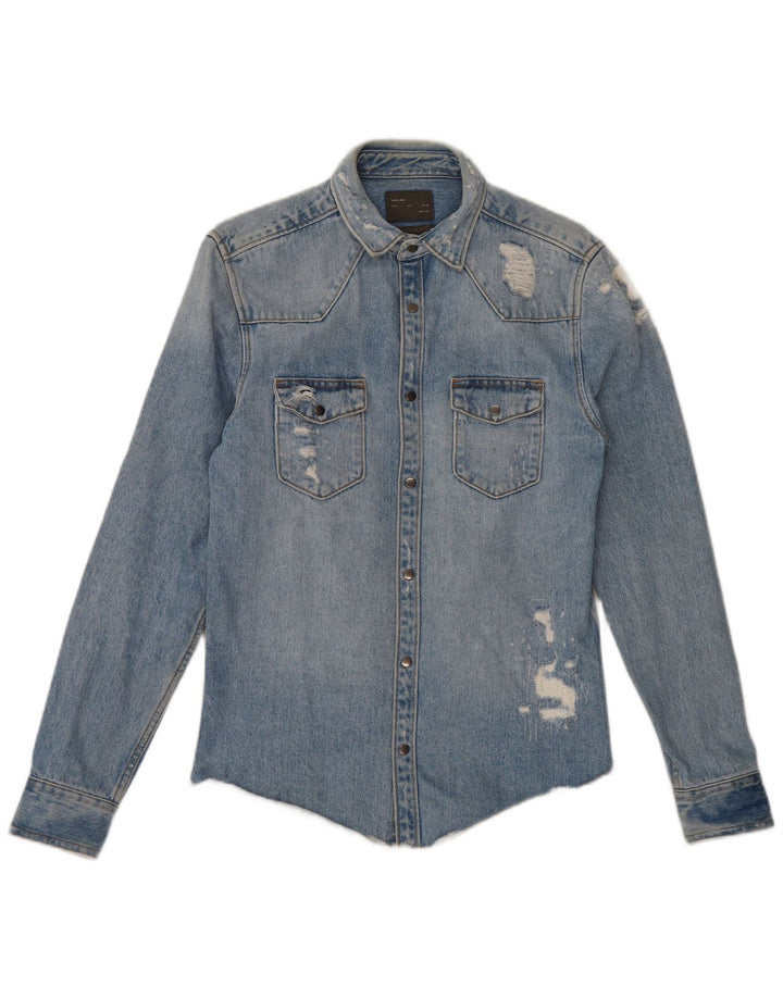 Zara Mens Distressed Regular Fit Denim Shirt Small Blue Cotton