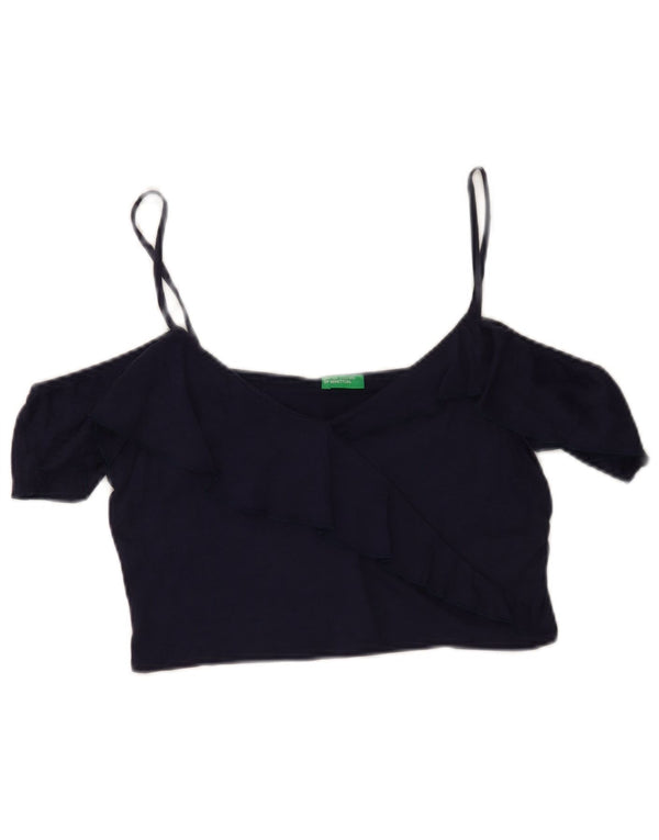 Benetton Womens Crop Off Shoulder Top UK 14 Large Navy Blue Lyocell