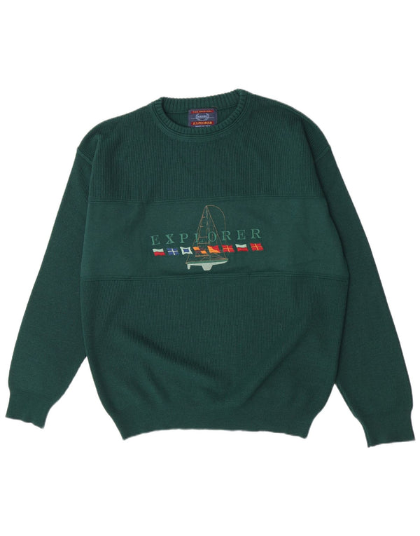 Explorer Mens Graphic Crew Neck Jumper Sweater IT 50 Medium Green Wool