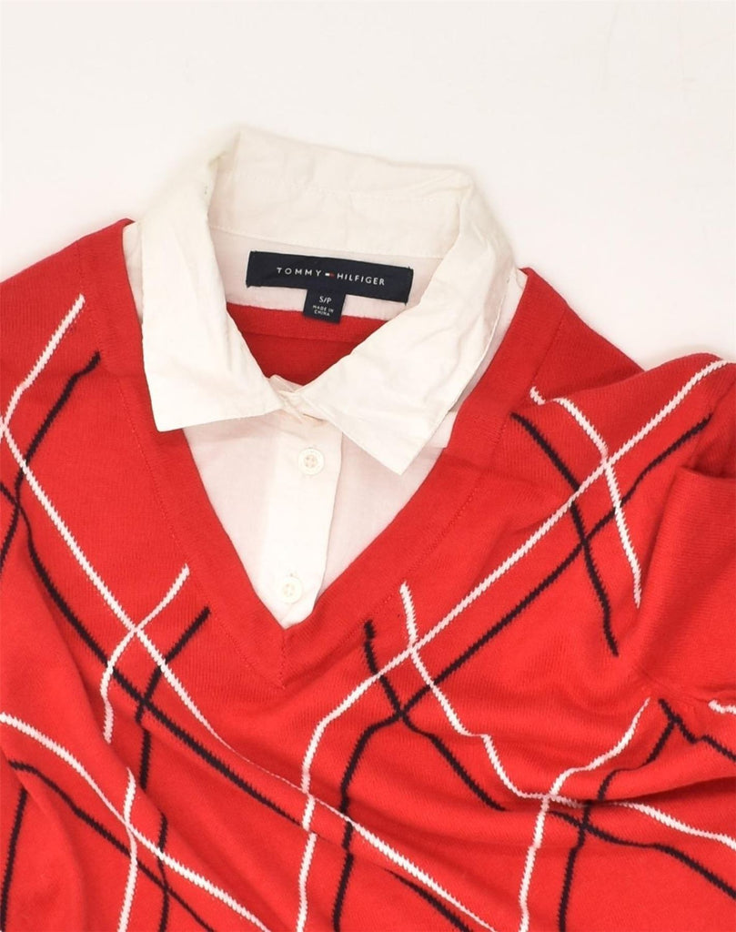 TOMMY HILFIGER Womens V-Neck Jumper Sweater UK 10 Small Red Argyle/Diamond | Vintage Tommy Hilfiger | Thrift | Second-Hand Tommy Hilfiger | Used Clothing | Messina Hembry 