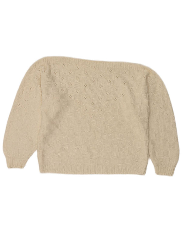 Vintage Womens Crop 3/4 Sleeve Boat Neck Jumper Sweater UK 12 Medium White