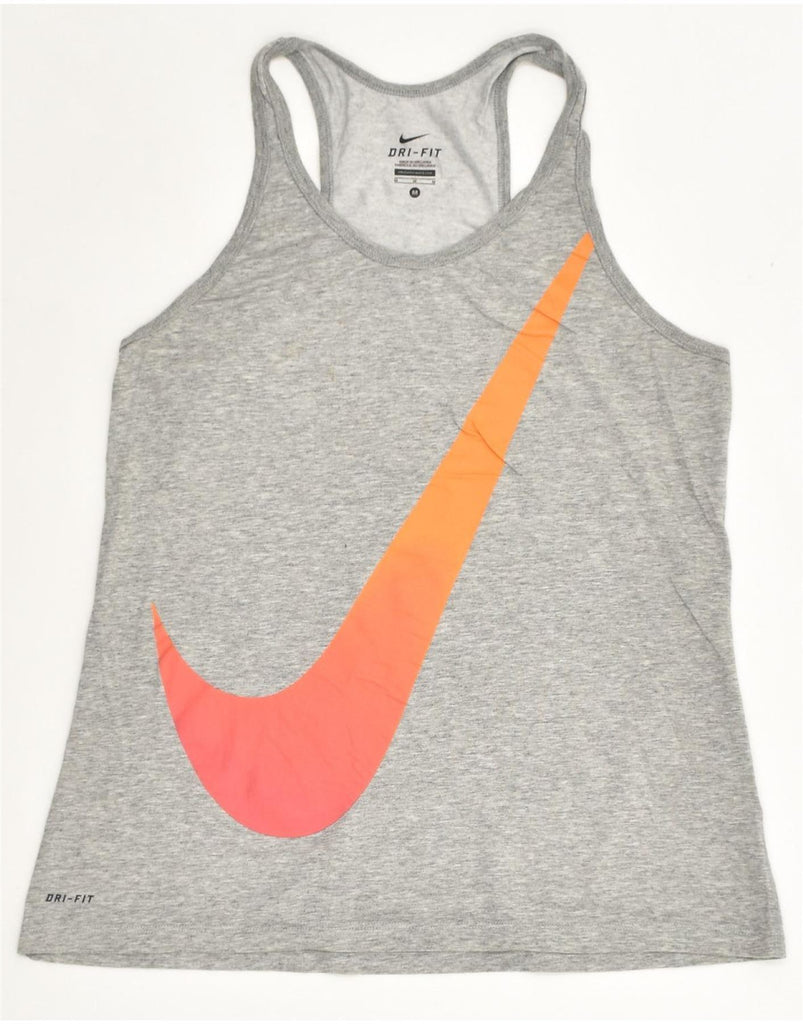 NIKE Womens Dri Fit Graphic Vest Top UK 12 Medium Grey Cotton | Vintage Nike | Thrift | Second-Hand Nike | Used Clothing | Messina Hembry 