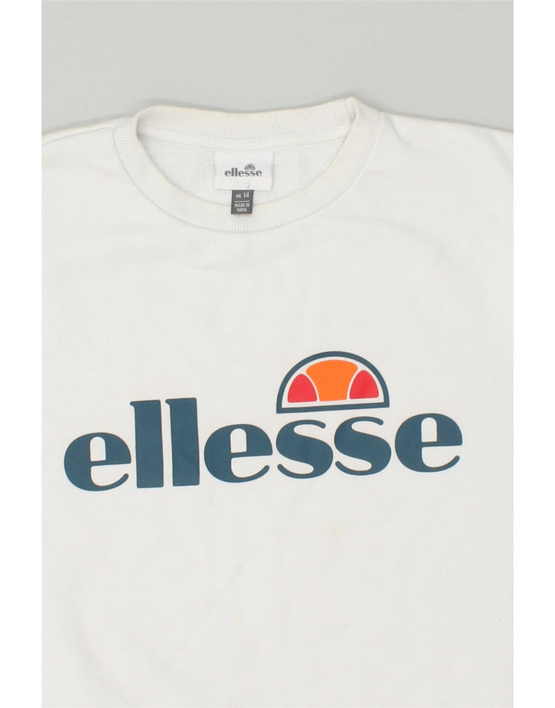 ELLESSE Womens Graphic Sweatshirt Jumper UK 14 Large  White Cotton | Vintage Ellesse | Thrift | Second-Hand Ellesse | Used Clothing | Messina Hembry 