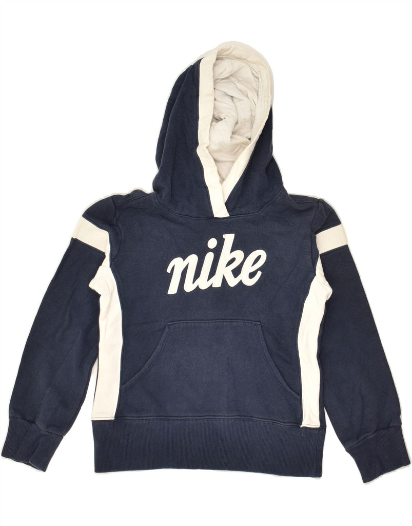 NIKE Boys Graphic Hoodie Jumper 7-8 Years Small  Navy Blue Colourblock | Vintage Nike | Thrift | Second-Hand Nike | Used Clothing | Messina Hembry 