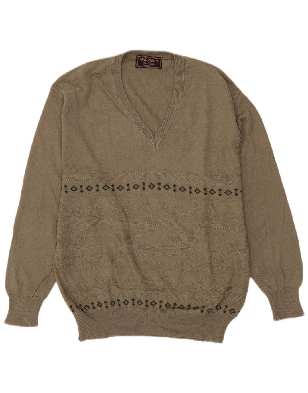 MALAGRIDA Mens V-Neck Jumper Sweater Medium Grey Geometric Wool