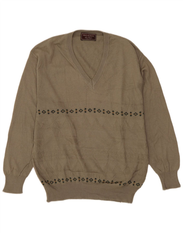 MALAGRIDA Mens V-Neck Jumper Sweater Medium Grey Geometric Wool