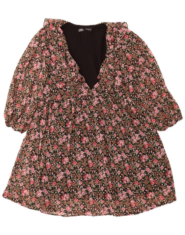 Zara Womens 3/4 Sleeve A-Line Dress UK 10 Small Multicoloured Floral