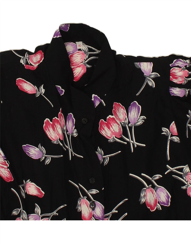 VINTAGE Womens Long Sleeve Shirt Blouse EU 40 Medium Black Floral Viscose Vintage Vintage and Second-Hand Vintage from Messina Hembry 