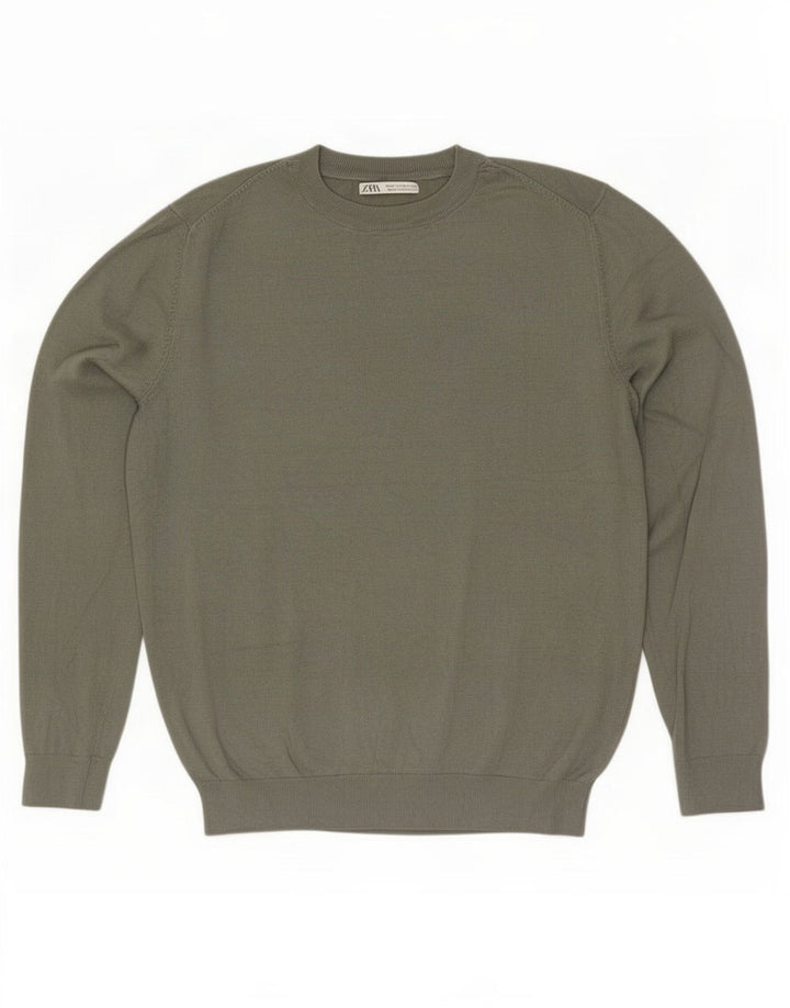 Zara Mens Crew Neck Jumper Sweater Medium Khaki Viscose