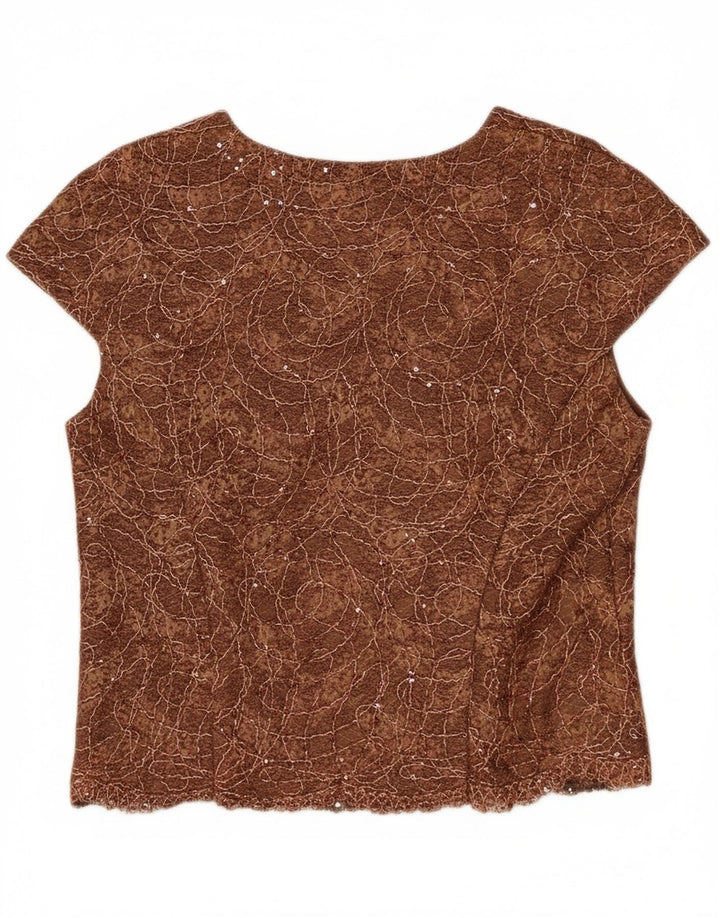 VINTAGE Womens Abstract Pattern Crop Blouse Top UK 14 Medium Brown Vintage Vintage and Second-Hand Vintage from Messina Hembry 