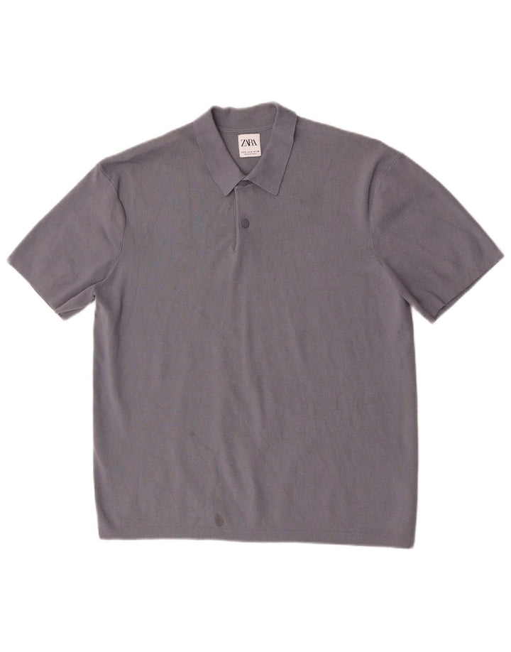 Zara Mens Short Sleeve Polo Neck Jumper Sweater Medium Grey Viscose