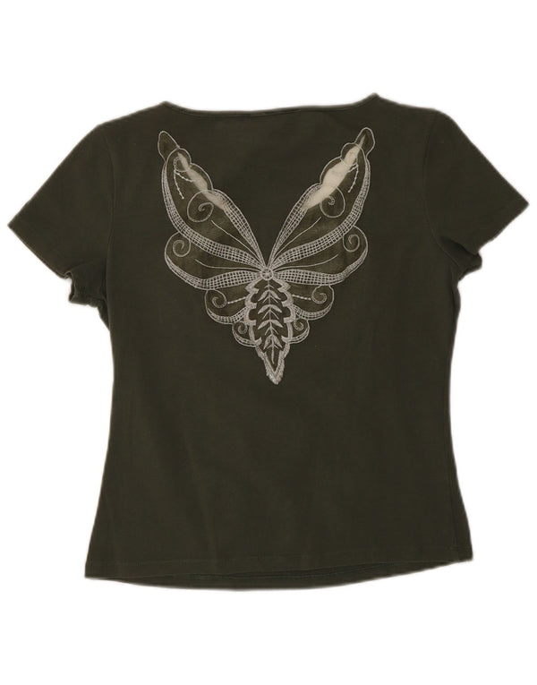 Christian Dior Womens Graphic T-Shirt Top UK 14 Medium Khaki Butterfly