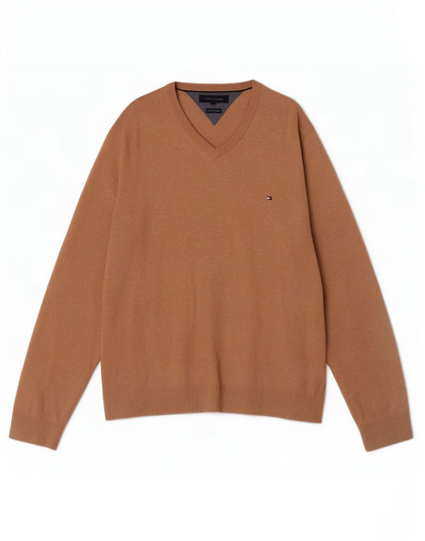 Tommy Hilfiger Mens V-Neck Jumper Sweater XL Brown Cotton