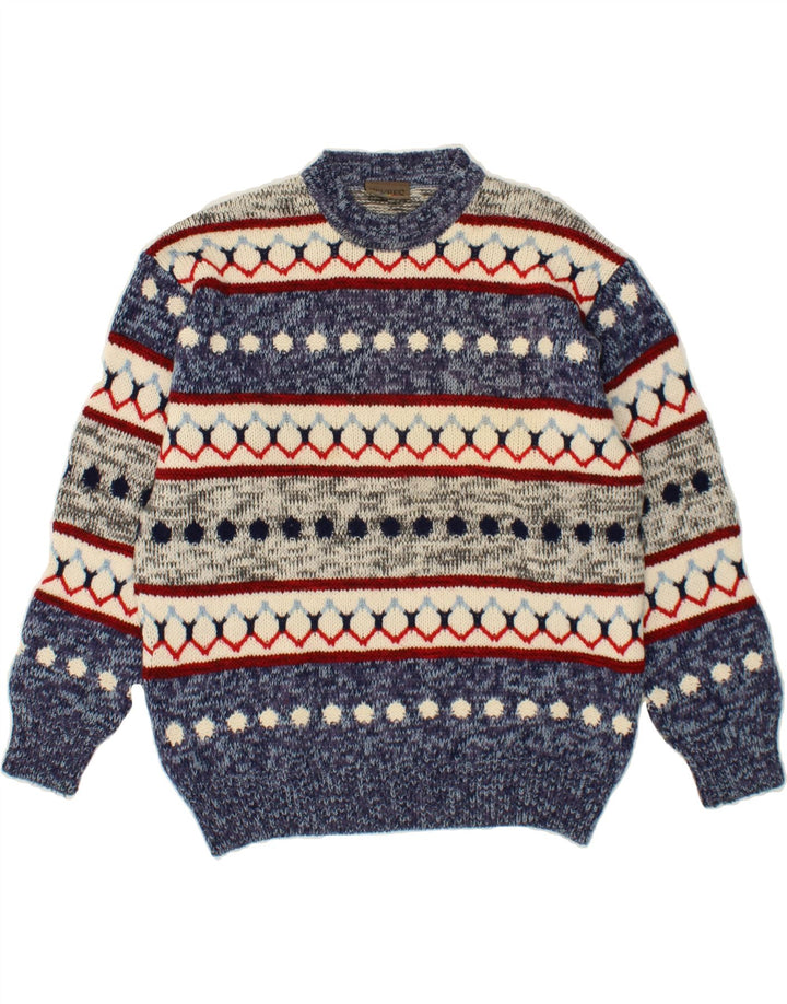 SEVRES Mens Crew Neck Jumper Sweater IT 50 Medium Blue Fair Isle Wool