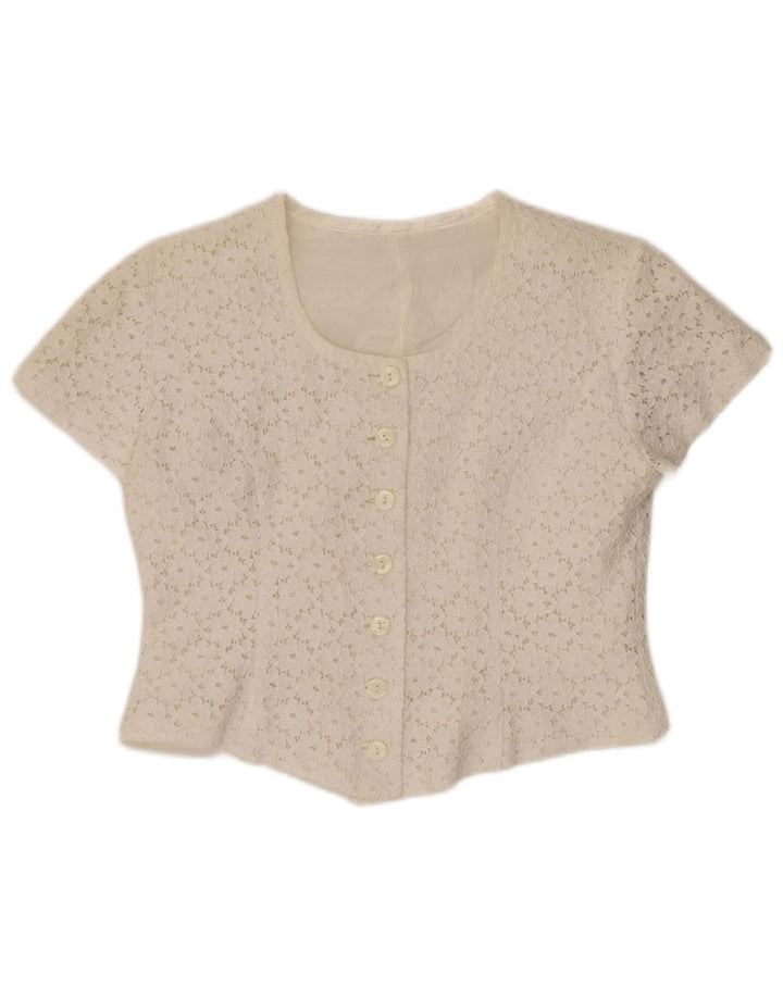 VINTAGE Womens Crop Short Sleeve Shirt Blouse IT 46 Large Off White Floral