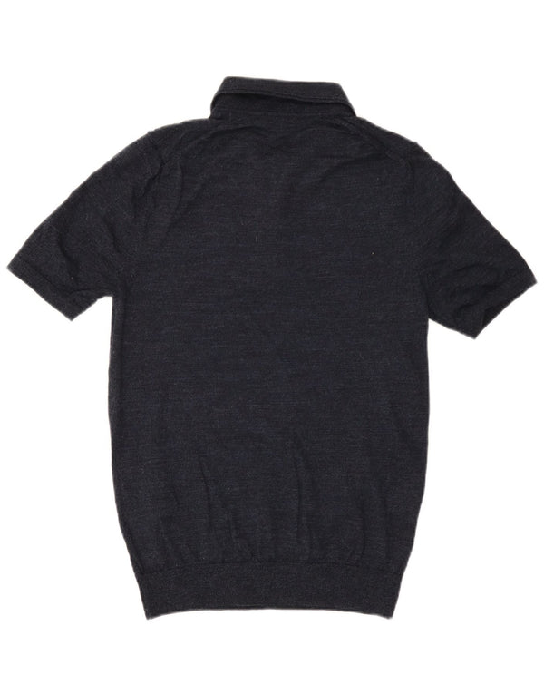 Reiss Mens Short Sleeve Polo Neck Jumper Sweater Medium Navy Blue Flecked