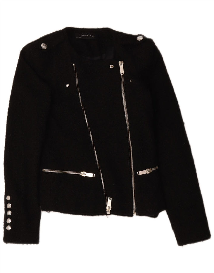 Zara Womens Military Full Zip Blazer Jacket UK 10 Small Black Acrylic