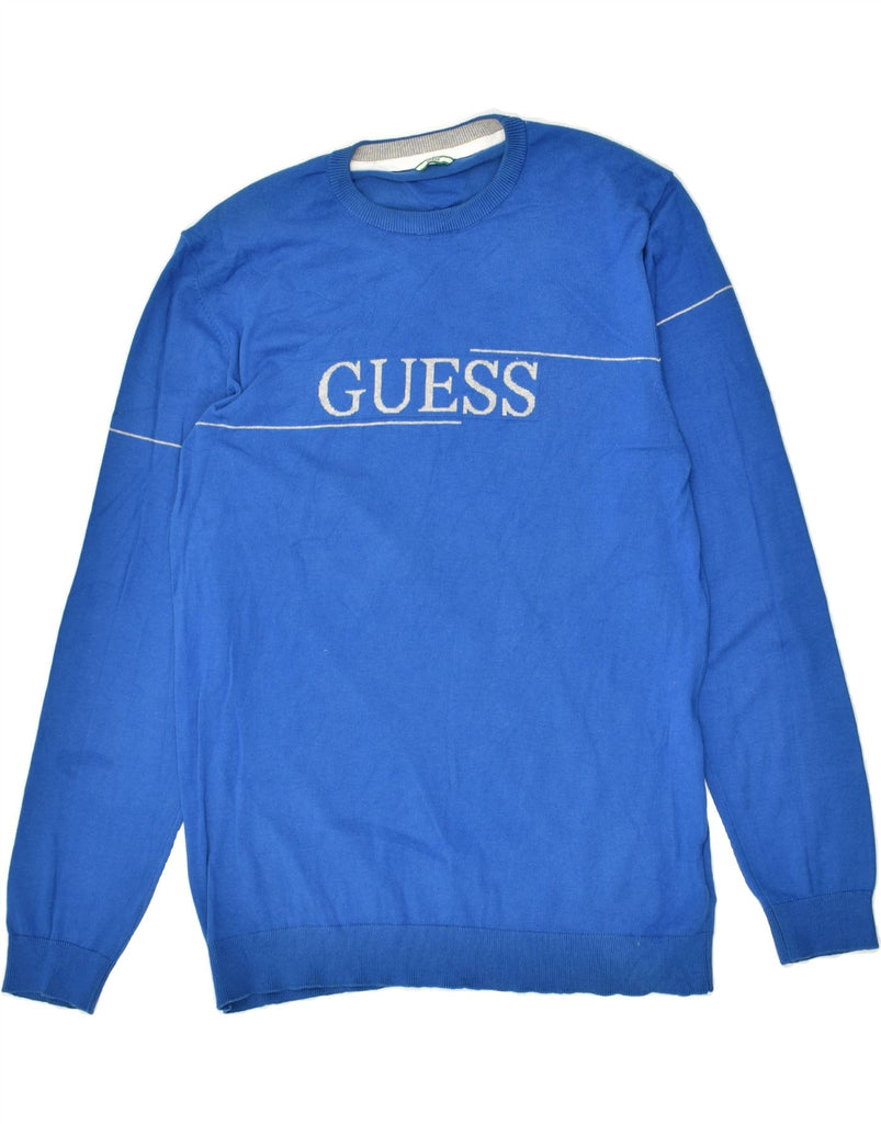 GUESS Mens Graphic Crew Neck Jumper Sweater Large Blue Cotton | Vintage Guess | Thrift | Second-Hand Guess | Used Clothing | Messina Hembry 