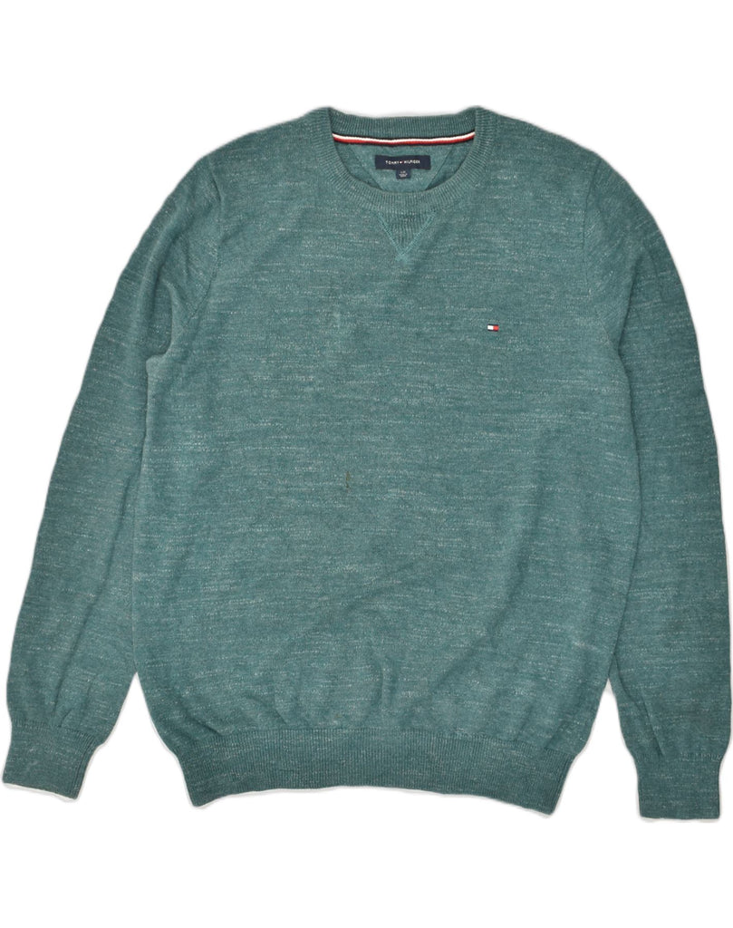 TOMMY HILFIGER Mens Crew Neck Jumper Sweater Large Turquoise Cotton | Vintage Tommy Hilfiger | Thrift | Second-Hand Tommy Hilfiger | Used Clothing | Messina Hembry 