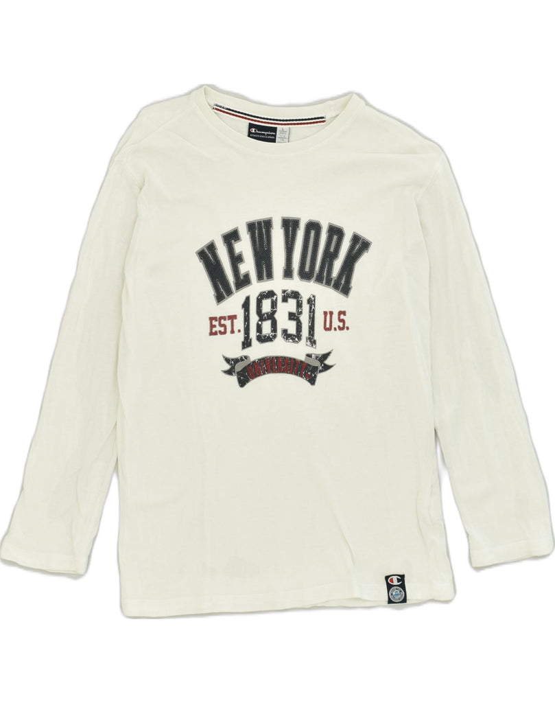 CHAMPION Boys New York Graphic Top Long Sleeve 11-12 Years Large  White | Vintage Champion | Thrift | Second-Hand Champion | Used Clothing | Messina Hembry 